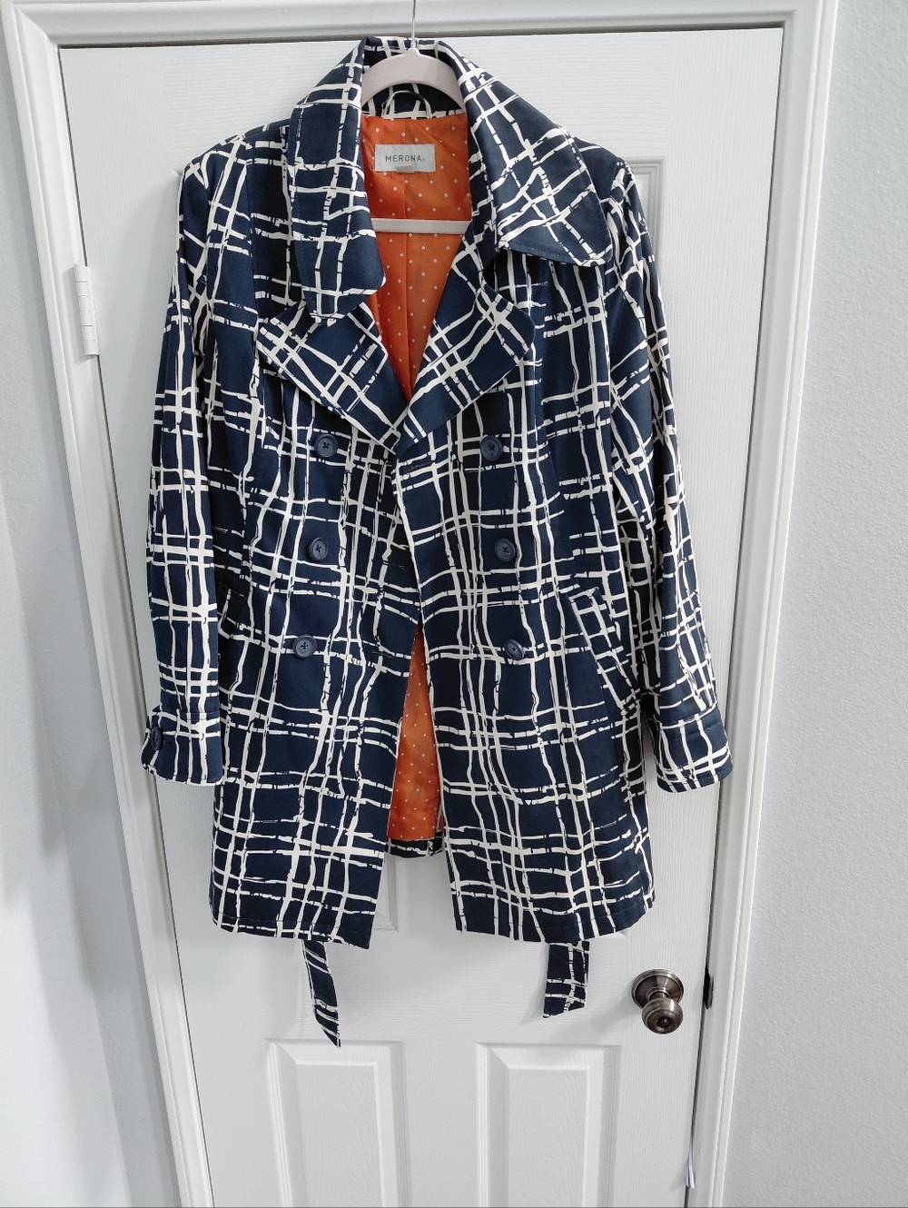 Merona Navy and White Plaid Double-Breasted Trench Coat